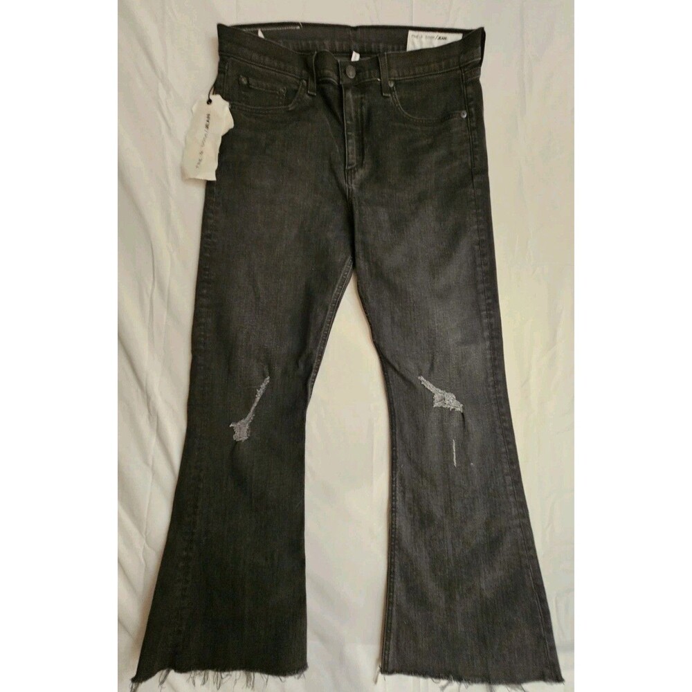 Rag & Bone Jeans Women 32 Black 10 Inch Crop Flare Denim Distressed Raw Hem NEW